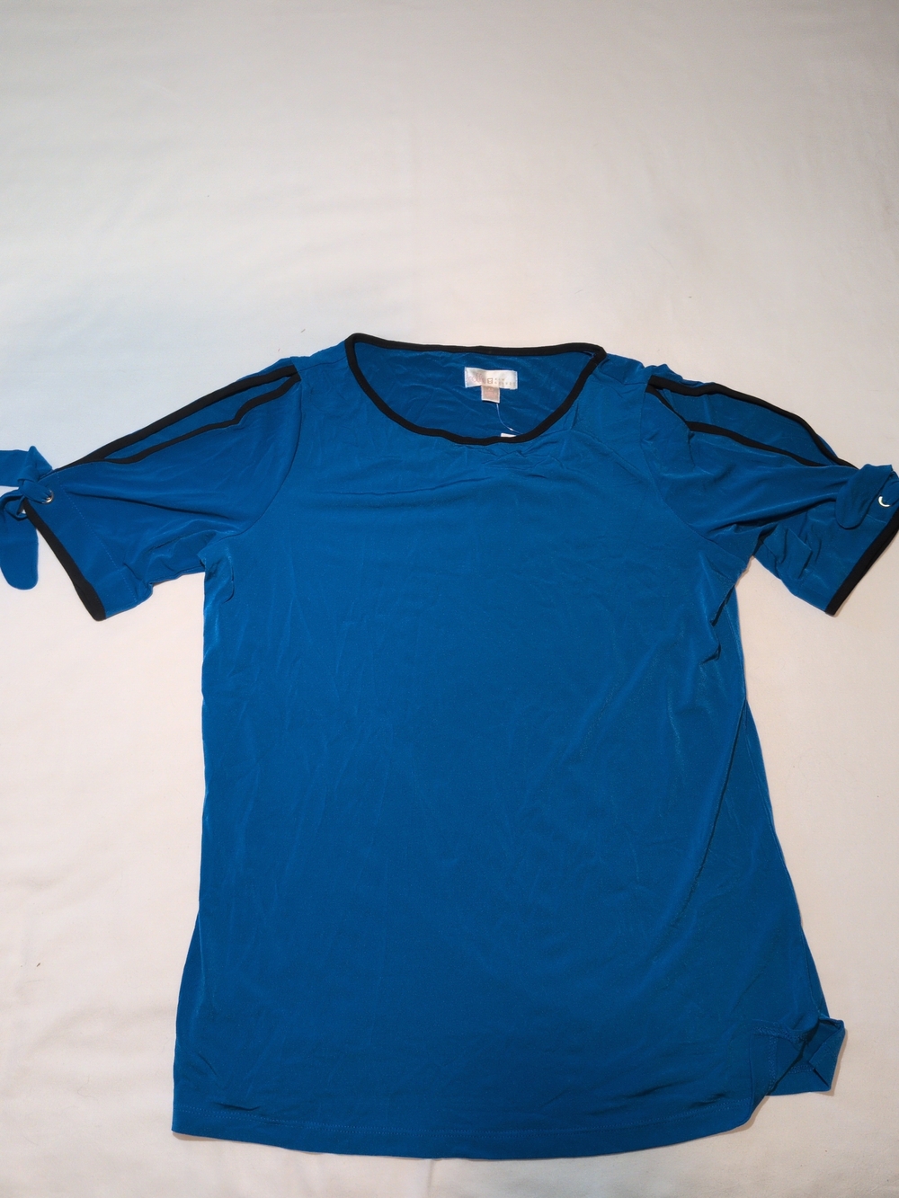 Belle by Kim Gravel Blue Short Sleeve Top with Black Trim
